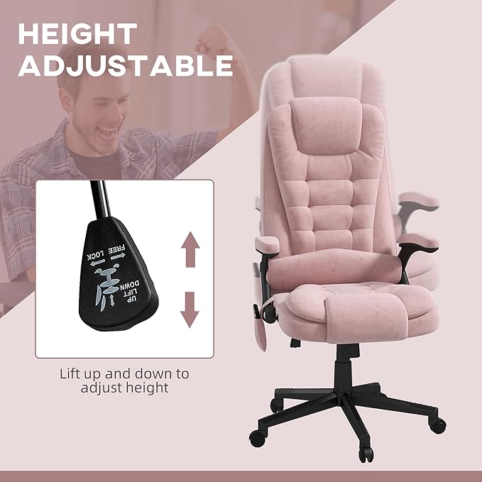 HOMCOM Executive Office Chair with 6 Points Vibration Massage and Heated Lumbar Support, Velvet High Back Computer Chair with Reclining Backrest, Tilt Function and Padded Armrests, Pink