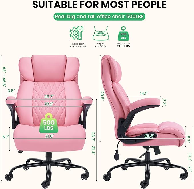 500lbs Big and Tall Office Chair Adjustable Lumbar Support for Back Pain, Extra Wide Seat Executive Office Chair Thick Armrest Pad, Heavy Duty Base&Upgraded Wheels, Ergonomic Comfy Computer Desk Chair