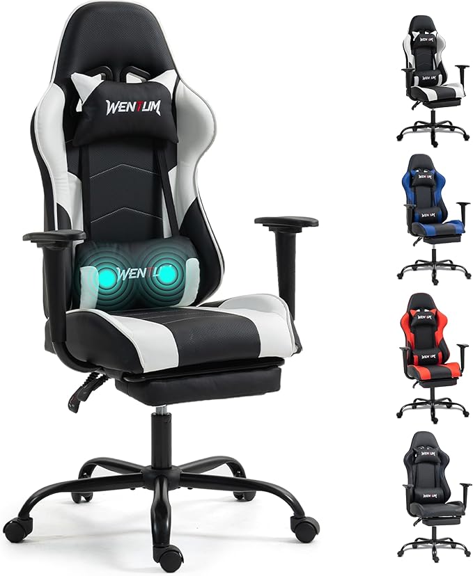 Gaming Chair with Footrest, Ergonomic PC Desk Chair with Headrest and Massage Lumbar Support, Video Game Chair with Height Adjustable High Back for Home Office, PU Leather, White