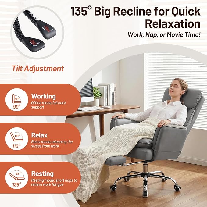 Furniliving Big and Tall Office Chair, Executive Reclining Computer Gaming Chair with Foot Rest, Flip Armrest & Lumbar Pillow, Thicken Wider Seat for Criss Cross Legged Sitting, Desk Chair, PU, Grey