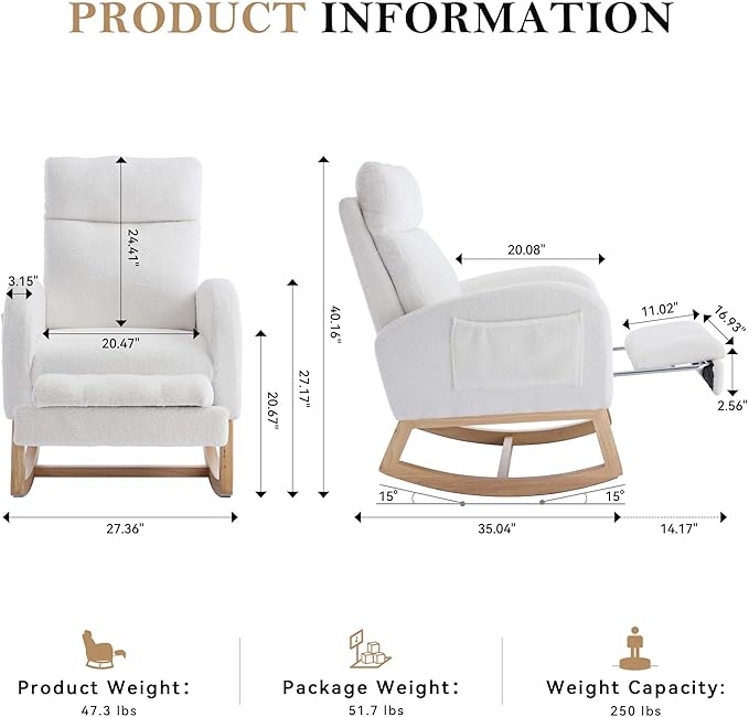 40" Teddy Nursing Rocking Chair, Nursery Chairs with Adjustable Foot Rest, High Backrest Upholstered Arm Chair with Side Pockets, Wood Rocking Chair for Living Room, Bedroom, Baby Room (White)