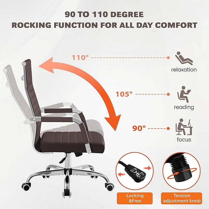 Furmax Ergonomic Office Desk Chair, Executive Ribbed Mid-Back PU Leather Conference Room Chair Adjustable Swivel Chair with Arms (4, Brown)