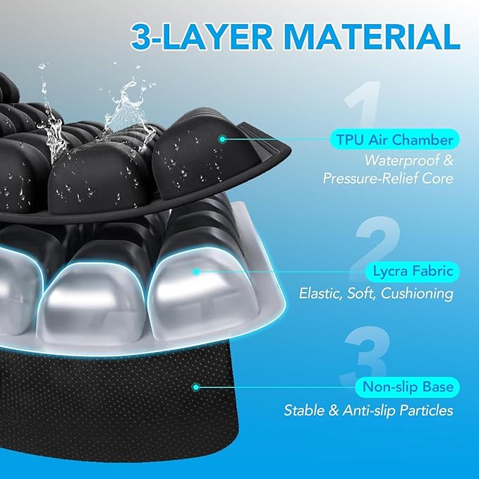 Inflatable Seat Cushion 56 Air Bubble Cell Advanced Pressure Relief for Office Chair, Car, Wheelchair, Long Sitting & Travel – Tailbone, Hemorrhoid & Sciatica Pain Relief Pillow