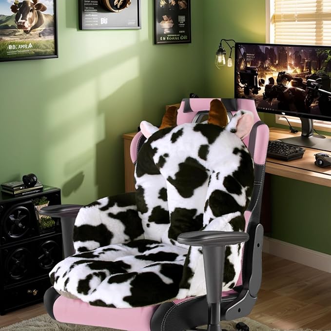 DOBUONO Comfy Office Chair Cushion: 17.5" L x 17.5" W x 18" H Cute Seat Cushion Kawaii Cushion for Gaming Chair with Backrest Non-Slip Floor Seating for Adults and Pets Cow Stuff for Room Decor