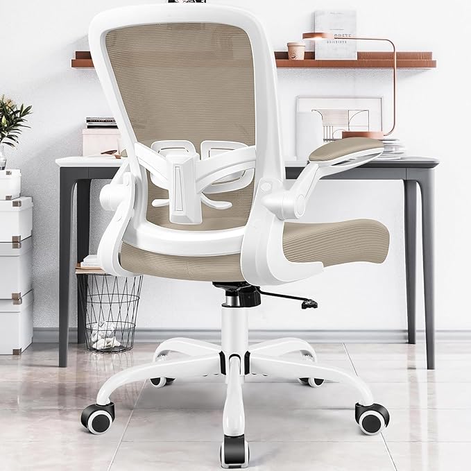 Ergonomic Office Chair 2026 - Mesh Desk Chair with Flip-up Armrests, Adjustable Height and Lumbar, 360° Swivel Comfortable Computer Chairs for Home, Conference Room, Reception, Kahki