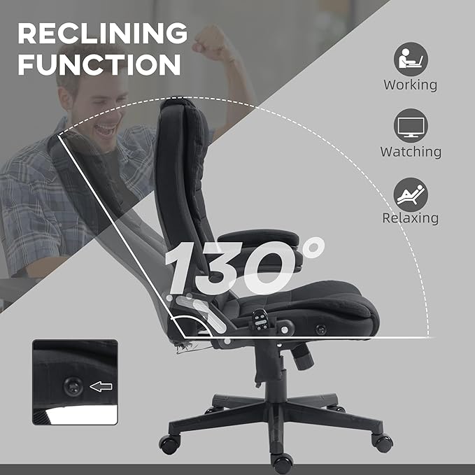 Vinsetto 6 Point Vibrating Massage Office Chair with Heat, Linen High Back Executive Office Chair with Reclining Backrest, Padded Armrests and Remote, Black