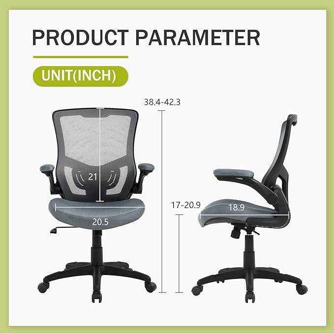 PayLessHere Office Chair Ergonomic Mesh Back Computer Chair Breathable Lumbar Supports Flip Up Armrest with Adjustable 360 Degree Desk Chair for Home Office Gaming (Grey)