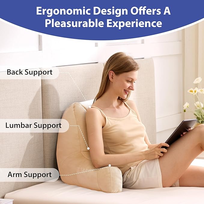 IASEAHK Reading Pillows for Sitting in Bed Adult, Back Pillow for Bed Sitting Up, Backrest Pillows with Shredded Foam for Adult&Teens, Support Pillow with Arms for Beds, Couch, Floor, 18in, Beige