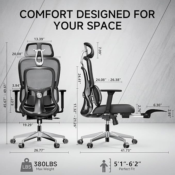 Ergonomic Office Chair with Footrest, 4D Armrests & Dynamic Lumbar Support, High Back Mesh Desk Chair with Adjustable Headrest, Reclining Computer Chair 380lbs for Long Hours (Black)