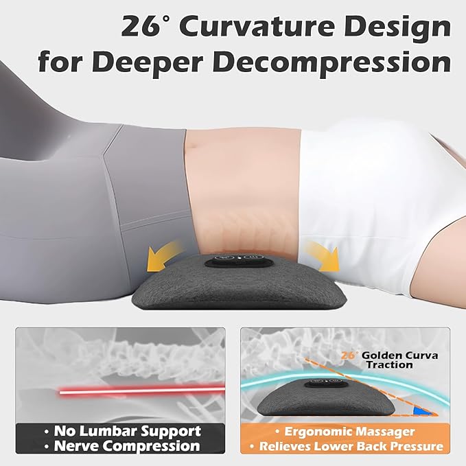 Plug-in 3 in 1 Lower Back Massager for Pain Relief Deep Tissue,Smooth Spine Triple Fusion Back Massager with Heat & Vibration & Traction, Electric Lumbar Support Pillow for Bed,Chair,Office