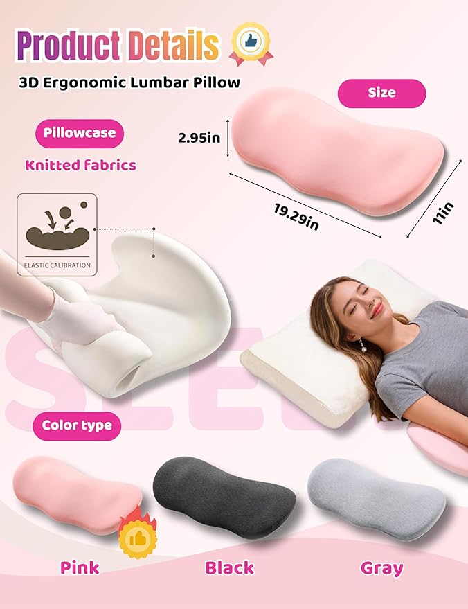 Lumbar Support Pillow for Sleeping Memory Foam Lumbar Pillow for Lower Back Pain Relief, Ergonomic Waist Pillow for Side/Back/Stomach Sleepers with Washable Cover（Gray）