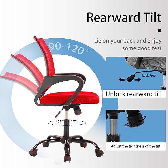 Mid-Back Ergonomic Office Chair - Supportive Mesh Computer Chair with Armrest, Adjustable Height, Swivel & Lumbar Support, Metal Base, Red