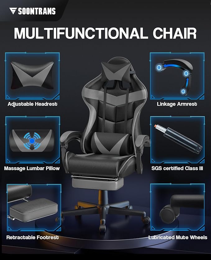 Soontrans Grey Gaming Chairs with Footrest,Ergonomic Computer Game Chair, Gamer Chair with Lumbar Pillow and Adjustable Headrest (Galaxy Grey)