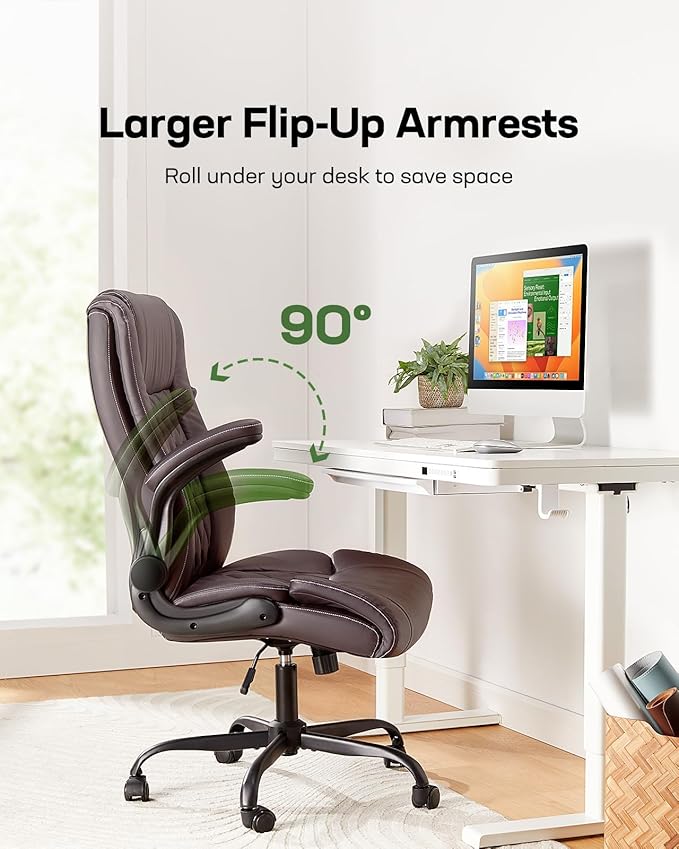 Marsail Executive Office Chair Ergonomic Desk Chair with Flip-up Armrests PU Leather Height-Adjustable Swivel Rolling Brown
