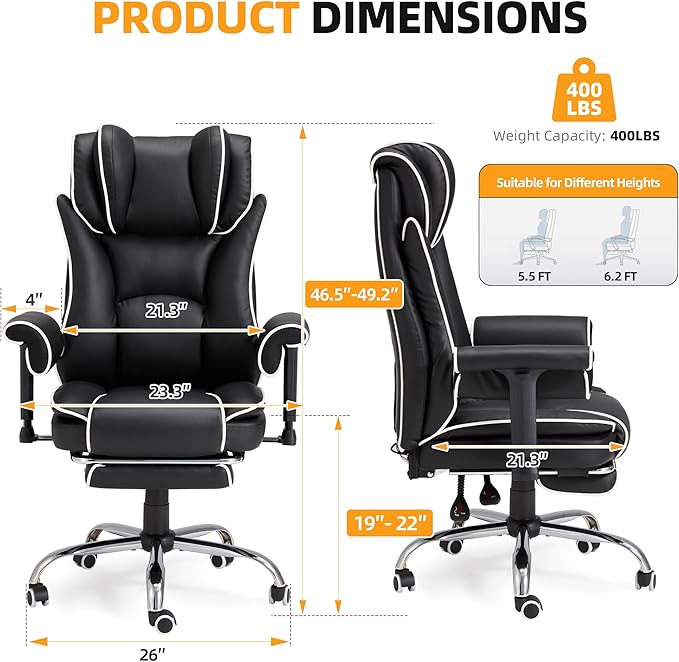 HOMREST 6-Point Massage Office Chair with Heat, Heated Reclining Executive Desk Chair with 155°Tilt Adjustable Armrests, Ergonomic High Back Computer Chair for Home Office, Black and White