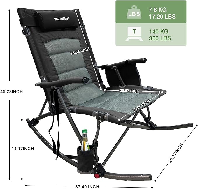 13.8" High Seat Rocking Camping Chair Outdoor with Foot Rest & Headrest, Oversized Folding Rocker Chair with Carry Bag for Lawn Patio Supports 300 lbs