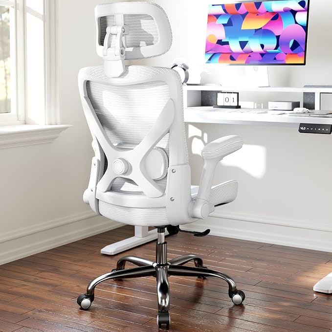Ergalithic Office Home Ergonomic Desk Chair-Computer X-Shaped Chair Mesh PU Leather with Adjustable Lumbar Support-Executive Chair High Back with Headrest Flip-Up Arms for Long Hours (White)