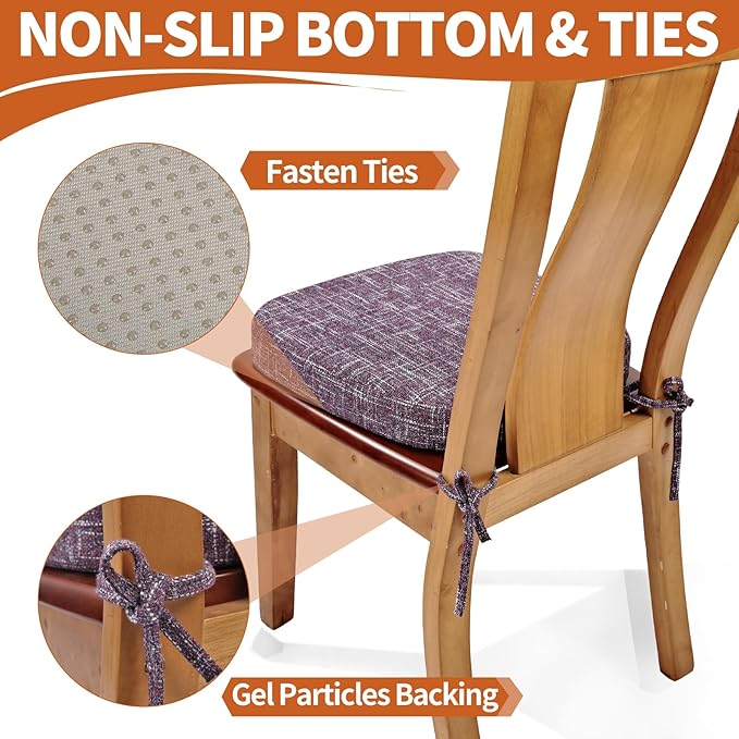 SINOSSO Chair Cushions for Dining Chairs, Soft Blended 2.5" High Density Support Foam Kitchen Seat Cushions with Ties, U-Shaped Non-Slip Indoor Chair Pads, 16.5" x 16", 2 PCS, Purple
