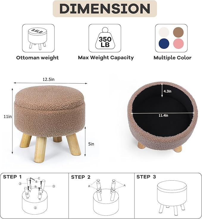OGEMXU Ottoman Foot Rest, Small Round Ottoman with Storage, Boucle Teddy Velvet Footstool with Wood Legs, Soft Sponge Storage Ottoman for Living Room, Bedroom, Couch, Enterway (Camel Brown)