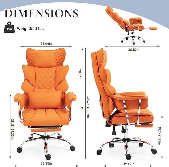 DYHOME 500 Lbs Kneading Massage Office Chair with Foot Rest, Ergonomic Reclining Home Computer Chair, High Back Thick Cushion Big & Tall Office Chair, Comfy Leather Heavy Duty Executive Chair, Orange