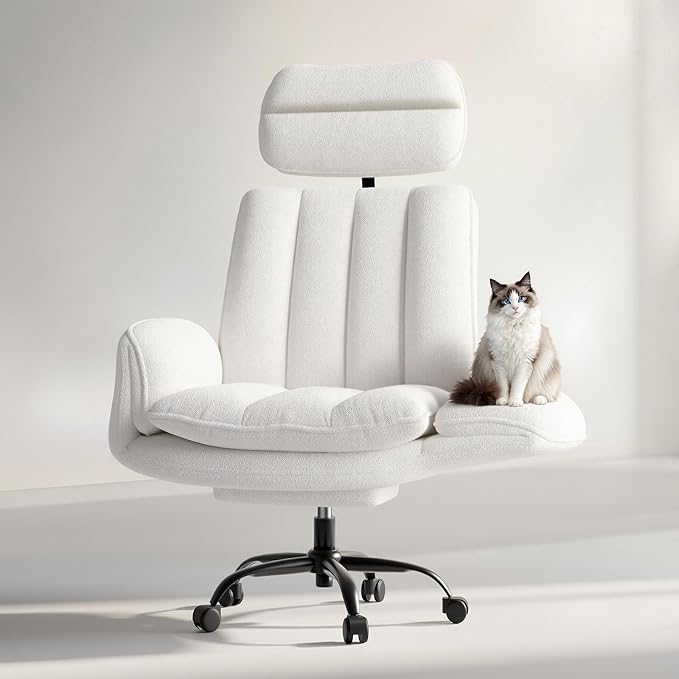 HOMRELEXA Criss Cross Office Chair with Armrests & Wheels, Comfy Velvet Vanity Chair, Ergonomic Executive Gaming Computer Chairs with Foot Rest, Wide Seat Reclining Desk Chair, White