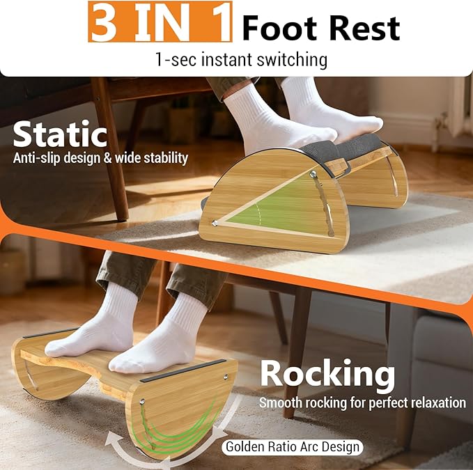 Bamboo Foot Rest Under Desk 3-in-1 + Bamboo Rocking Under Desk Footrest 2-in-1 with 6 Adjustable Heights for Home, Office and Gaming, 2 Pack