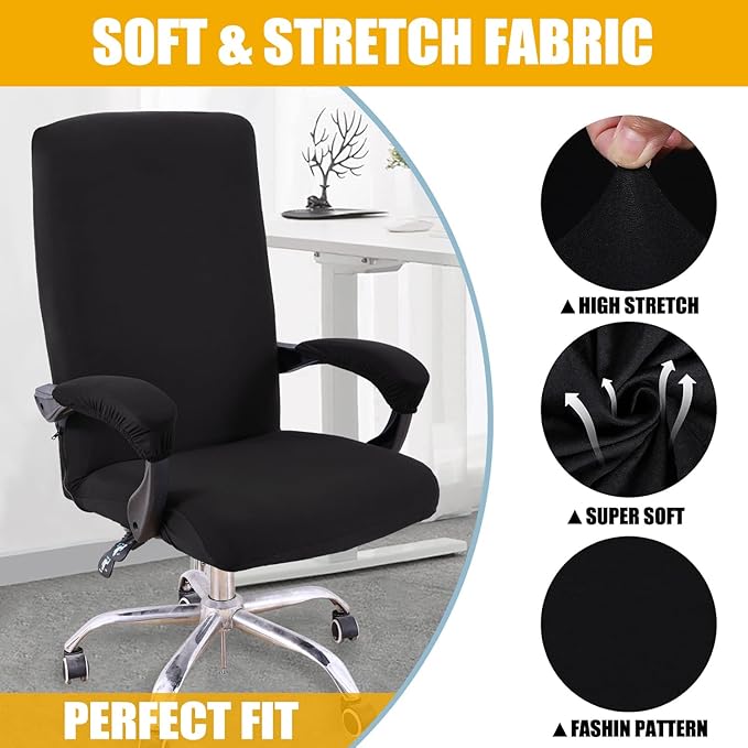 Smiry Stretch Printed Computer Office Chair Cover with Armrest Covers, Soft Fit Universal Removable Washable Desk Rotating Chair Slipcovers, Anti-Dust Spandex Protector with Zipper, Black