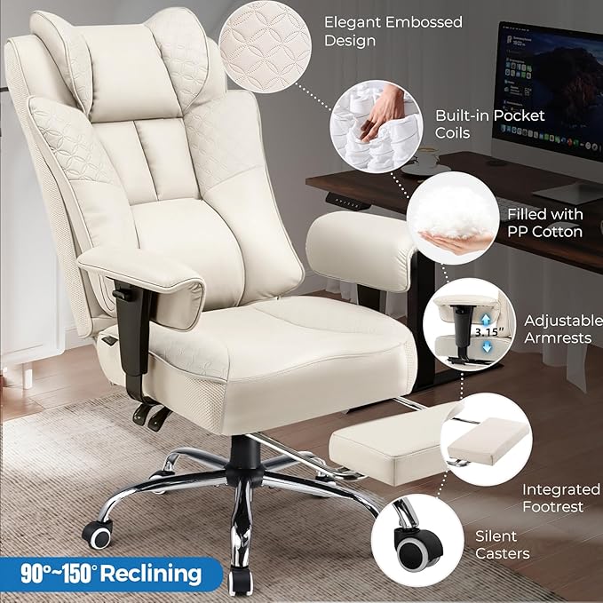 GTPLAYER Big and Tall Office Chair, Wide Ergonomic Gaming Chair with Deluxe Embossing Designed Leather with Foot Rest,150°Reclining Adjustable Soft Armrests Pocket Spring Back Support and Pillow