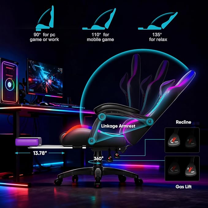 Czlolo RGB LED Lights Gaming Chair with Footrest for Adults and Kids, Lumbar Support Massager Video Game Chair, High Back Reclining Gamer Chair with Headrest, Swivel Office Computer Desk Chair(Purple)