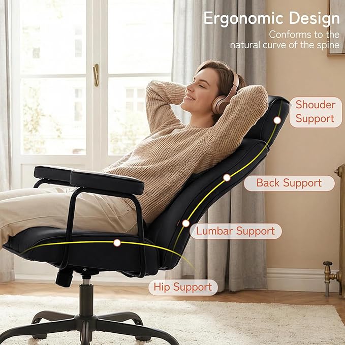 Furniliving Leather Office Chair with Adjustable Headrest, Mid-Century Modern High-Back Office Desk Chair, Ergonomic Computer Chair with Wheels, Armrests, Lumbar Support, Black