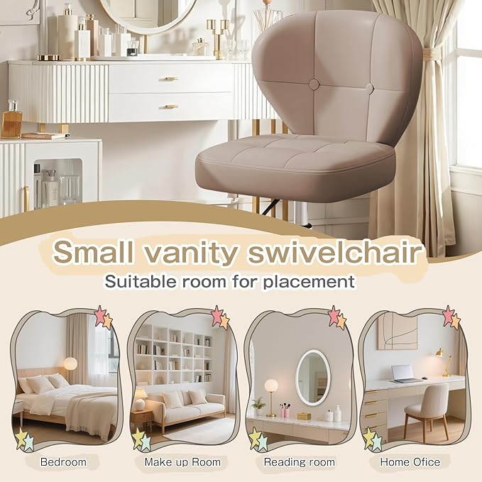 Vanity Chair with Back – Small Armless Office Chair with Wheels, Lumbar Support, PU Leather, Adjustable Height, 360° Swivel for Home, Bedroom, Office Khaki Set of 2