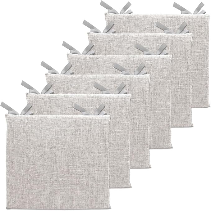 Lifup 6 Pack Chair Cushion Memory Foam Pads, Square Non-Slip Thick Dining Chair Cushions with Ties and Removable Cover for Home Office Restaurant Chair Pads Grey 16 x 16 Inch