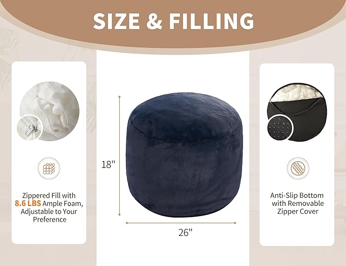 WSOFRLAC Boho Ottoman Living Room Furniture 26"x18" Round Ottomans Pouf Couch Foot Rest Navy Pouf Ottoman Foot Rest with Foam Chunk Filling Pouffe Ottomans Stuffed Foot Rests Poufs for Couch