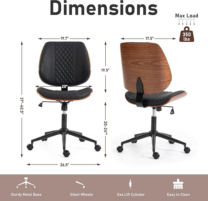 DYHOME Modern Walnut Home Office Chair with Wheels, Executive Office Desk Chair No Arms, Adjustable Height Small Desk Chair, Comfy PU, Deeper Cushion, Mid Back 360 Swivel Computer Chair, Black