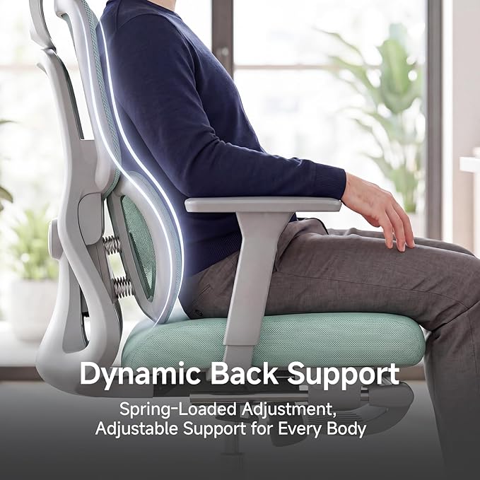 Ergonomic Office Chair with Footrest, 4D Armrests & Dynamic Lumbar Support, High Back Mesh Desk Chair with Adjustable Headrest, Reclining Computer Chair 380lbs for Long Hours (Green)