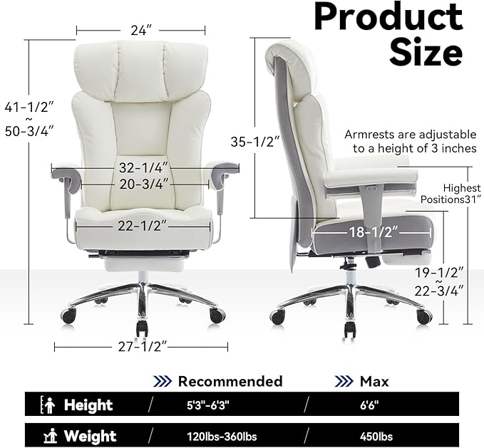 Efomao Big and Tall Office Chair with Footrest, 450lbs High Back Executive Chair with Spring Cushion, PU Leather Upholstery, Padded Armrests, Swivel Base, and Rolling Wheels – White Computer Chair