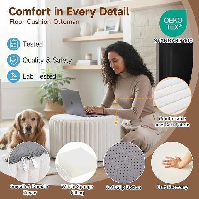 Tiita Round Stuffed Pouf Ottoman, Stripe Faux Fur Poufs with Foam Chunk Filling, Furry and Fluffy Pouf 21×21×12 inch Foot Stool Storage Ottoman,Puff Office Foot Rest for Couch Living Room, Beige