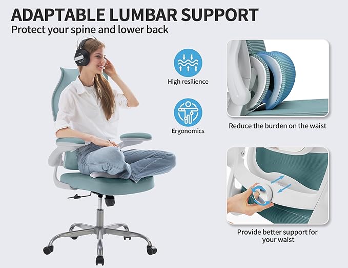 TRALT Ergonomic Office Chair - Desk Chair with Wave High Back Adjustable Lumbar Support Computer Chair - Gaming Chairs Mesh Backrest and PU Leather Seat (Sky Blue)