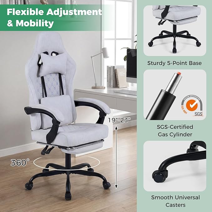 Goplus Gaming Chair, Ergonomic Office Chair with Foot Rest, Lumbar Support, Linkage Armrests, Detachable Headrest, 360°Swivel Computer Chair w/Adjustable Backrest & Height, 330 lbs Capacity (Grey)