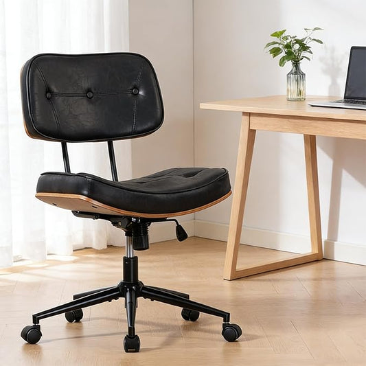 Walnut Armless Modern Office Desk Chair with Wheels, PU Leather Adjustable Height Swivel Rolling Task Chair, Ergonomic Criss Cross Legged Computer Chair(Black)