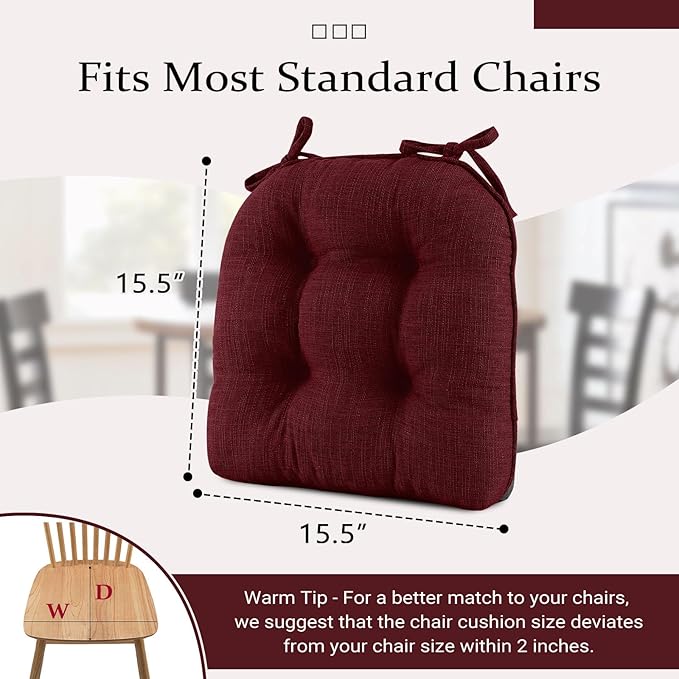 Wellsin Chair Cushions for Dining Chairs, Non-Slip Kitchen Chair Pads with Ties, Tufted Shredded Foam Kitchen Chair Cushions Set of 4, 15.5" X 15.5",Burgundy