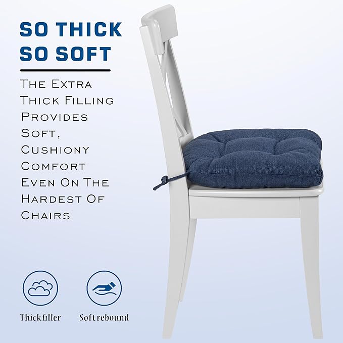 SQUARE MOON D-Shaped 3" Thick Chair Cushions, Chair Pads for Dining Chairs and Kitchen Chairs, Indoor Dining Room Seat Cushions with Ties, Machine Washable, 17" x 16" x 3", 4/Pack, Navy Blue