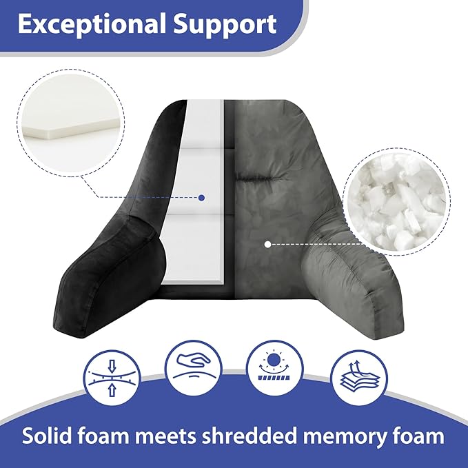 IASEAHK Reading Pillows for Sitting in Bed Adult, Back Pillow for Bed Sitting Up, Backrest Pillows with Shredded Foam for Adult&Teens, Support Pillow with Arms for Beds, Couch, Floor, 24in, Black