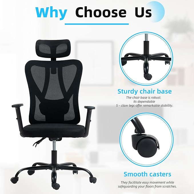 ECOTOUGE Ergonomic High Back Office Chair, Floor Chair with Back Support, Big and Tall Office Chair with Adjustable Headrest, Gaming Chair Mesh Home Office/Study Chair, Black