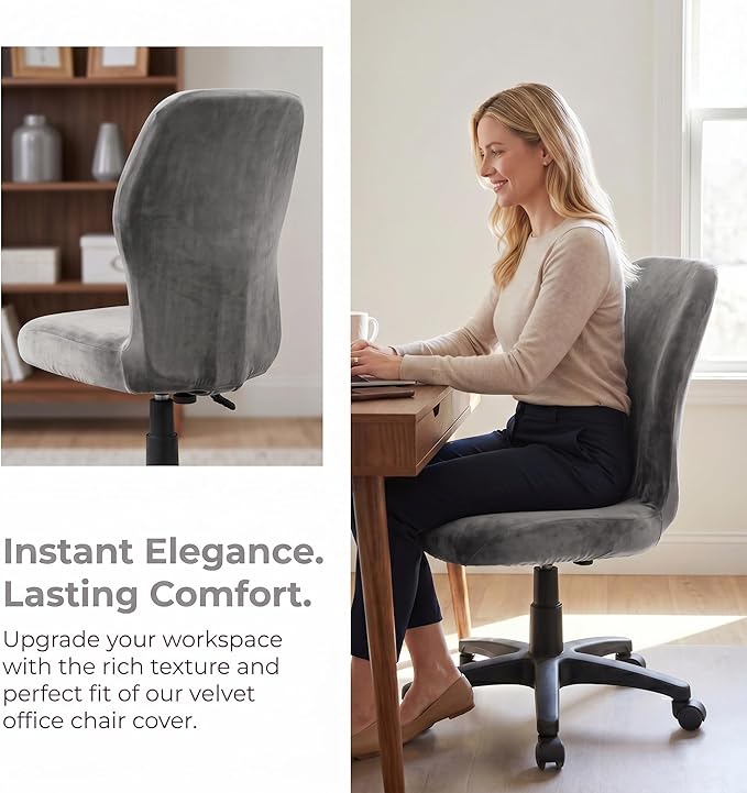 Deisy Dee Velvet Stretch Armless Office Chair Covers - Colorful Stretch Slipcover for Desk Chairs (Dark Grey)