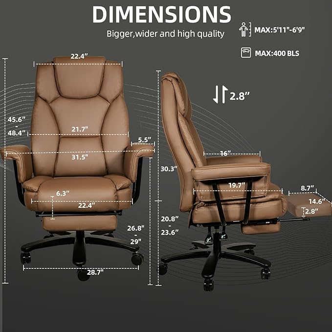 Reclining Office Chair with Footrest, Big and Tall High Back Home Office Desk Chairs 400lbs with Criss Cross Wide Seat, Heavy Duty Base, Pu Leather, Brown