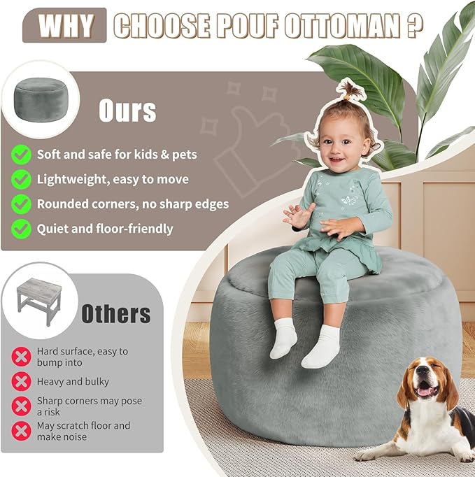 Gericco Round Pouf Ottoman Foot Rest, 29 X 18Inch Floor Poufs Footstool, A Round Modern Foam Filled Foot Stool for Living Room, Home, Nursery, Dorm (Grey, 29Inch)