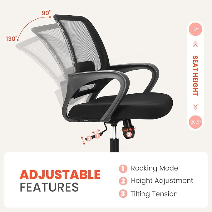 NEO Chair Office Desk Ergonomic Computer Mesh Chair with Lumbar Mid Back Support Adjustable Height Swivel Rolling Wheels Comfy Task Vanity Chair for Home Bedroom Study (All Black)