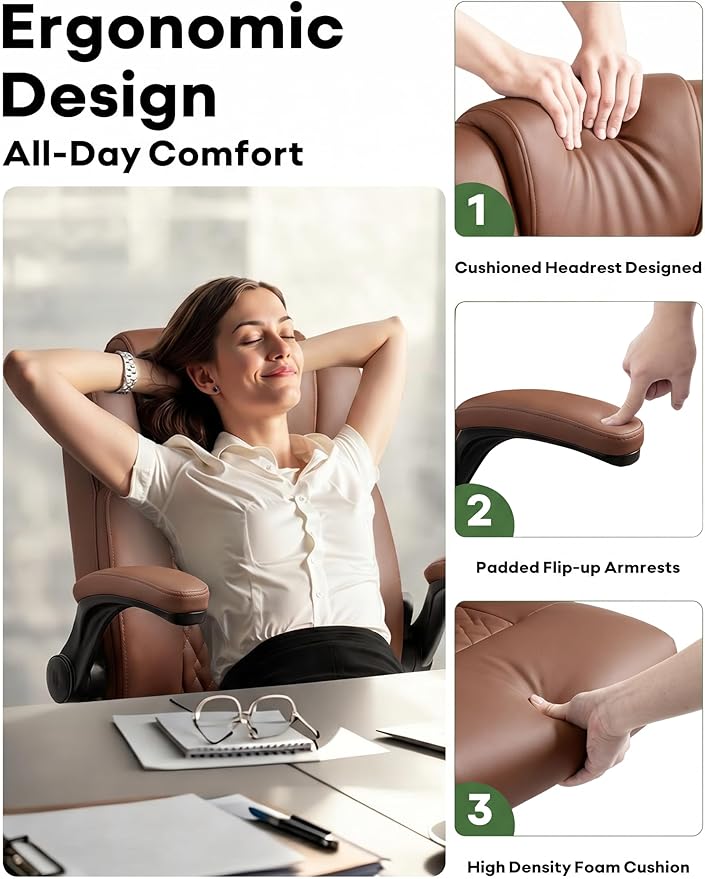 Office Chair PU Leather, Ergonomic Computer Desk Chair with Lumbar Support, Executive Leather Chair with Wheels & Flip-up Armrest, Small Home Office Desk Chair for Short People Use, Brown