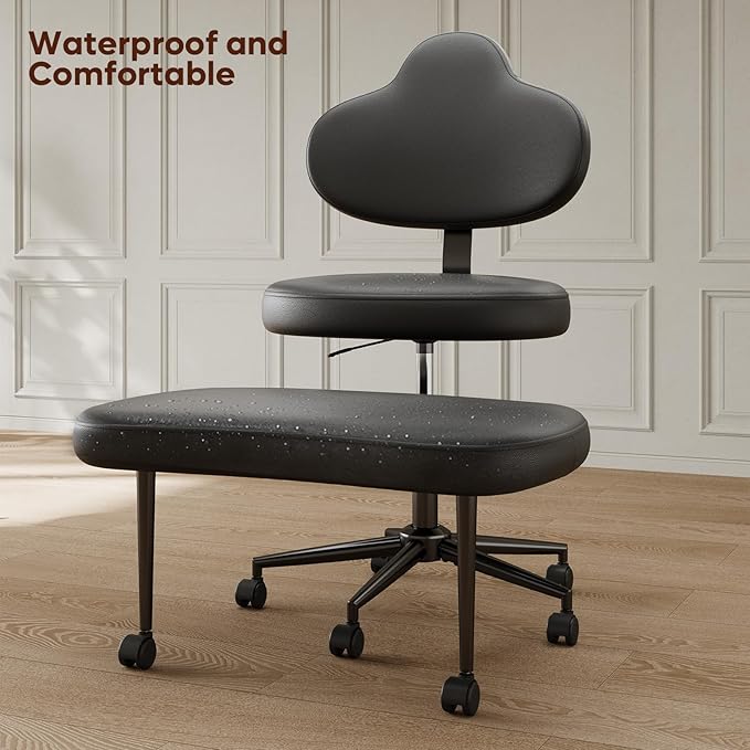 Pinmoco Cross Legged Office Chair with Wheels, Meditation Chair, ADHD Chair for Adults, Wider Height Adjustable Backrest and Seat, Yoga Office Chair, PU Leather, Black